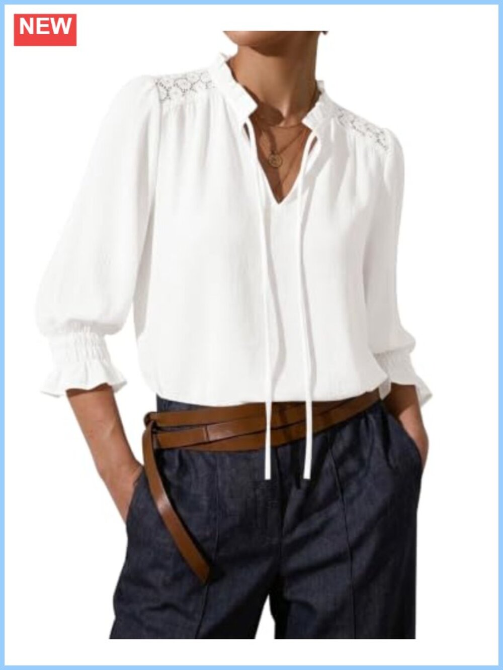 Flowy Peasant Blouse 3/4 Sleeve Ruffle Collar V-Neck Women's Top